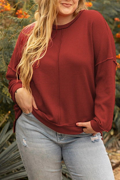 Flame Gold Plus Size Waffle Knit Top with Exposed Seam Detail