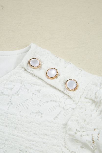 White Lace Crochet Round Neck Puff Sleeve Shift Mini Dress