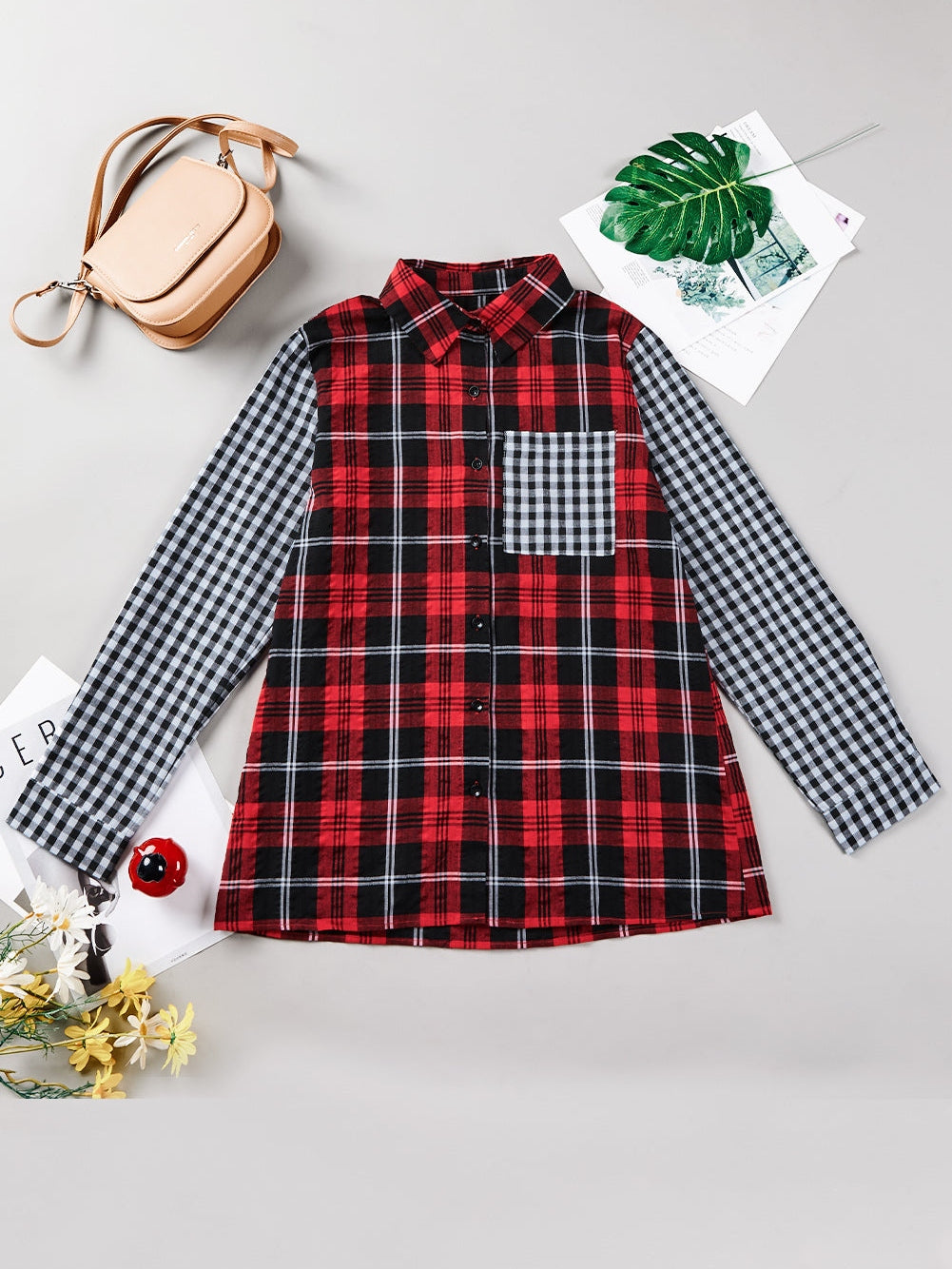 Fiery Red Buffalo Plaid Long Sleeve Shirt with Colorful Pockets