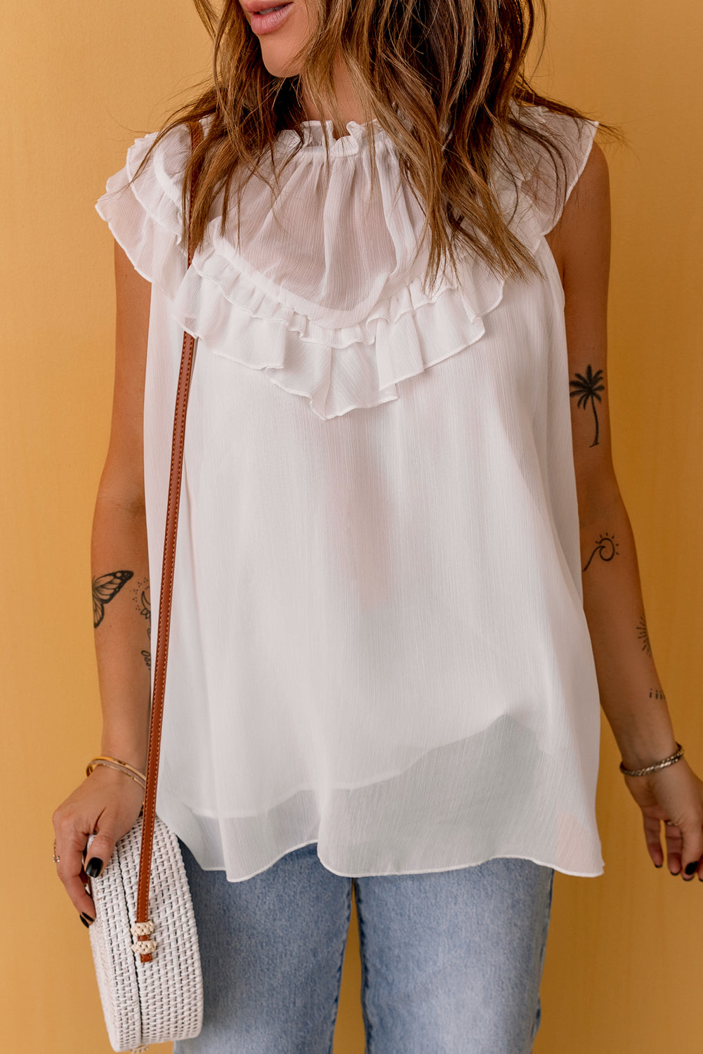 Elegant White Chiffon Ruffle Tank Top