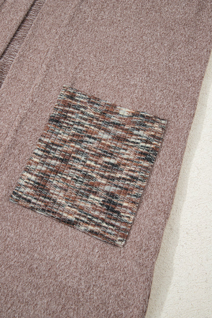 Dark Khaki Open Front Knit Contrast Patched Pocket Duster Cardigan