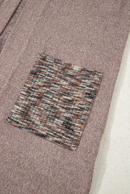 Dark Khaki Open Front Knit Contrast Patched Pocket Duster Cardigan