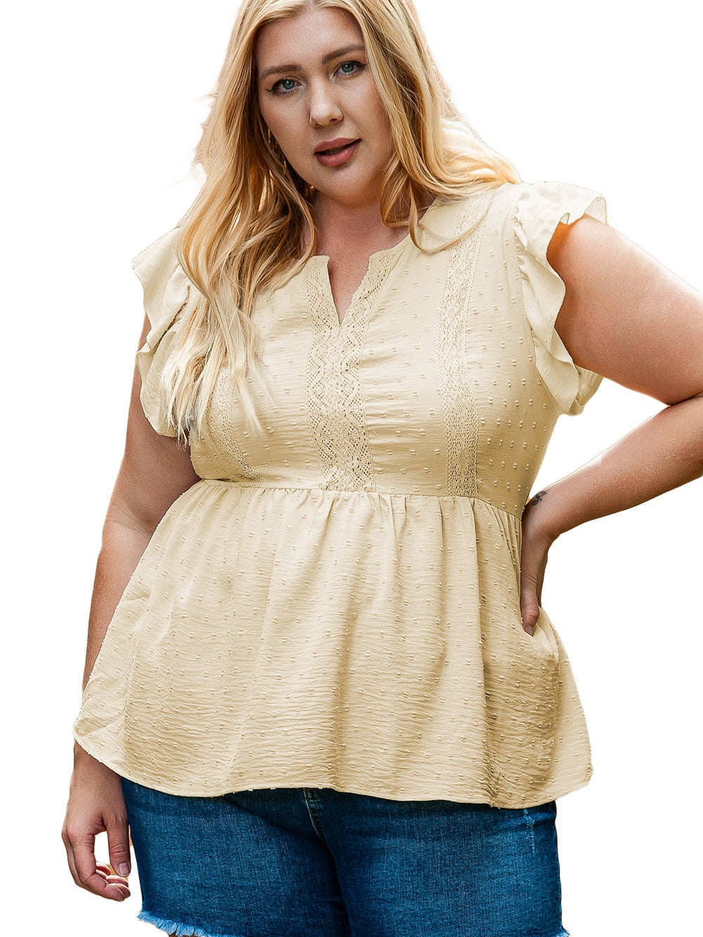 Golden Fleece Plus Size Swiss Dot Lace Trim Split Neck Babydoll Top