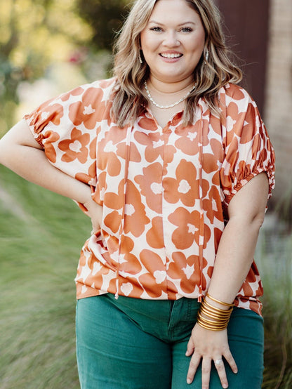Orange Floral Print Plus Size V Neck Short Sleeve Blouse with Drawstring