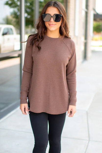 Old Rose Solid Color Thermal Knit Exposed Seam Raglan Sleeve Top