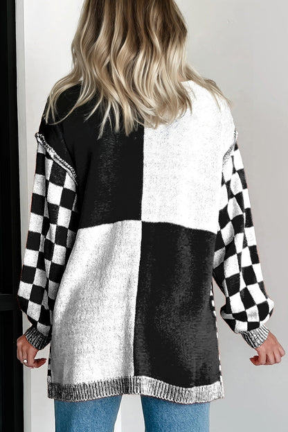 Black Checkered Bubble Sleeve Drop Shoulder Open Cardigan