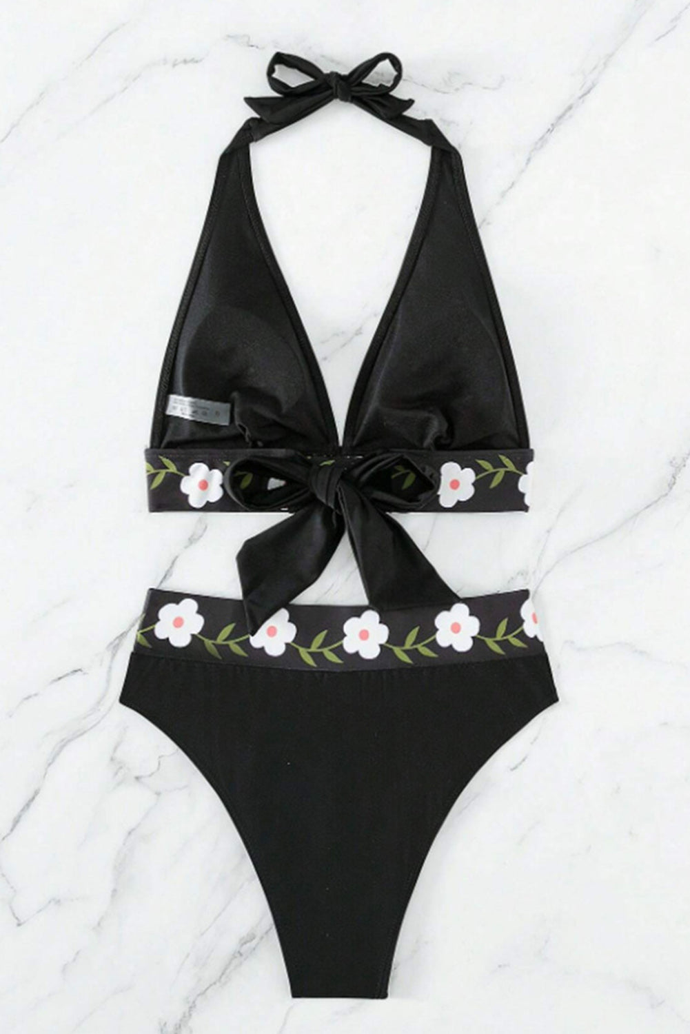 Elegant Black Floral Embroidered Halter Bikini