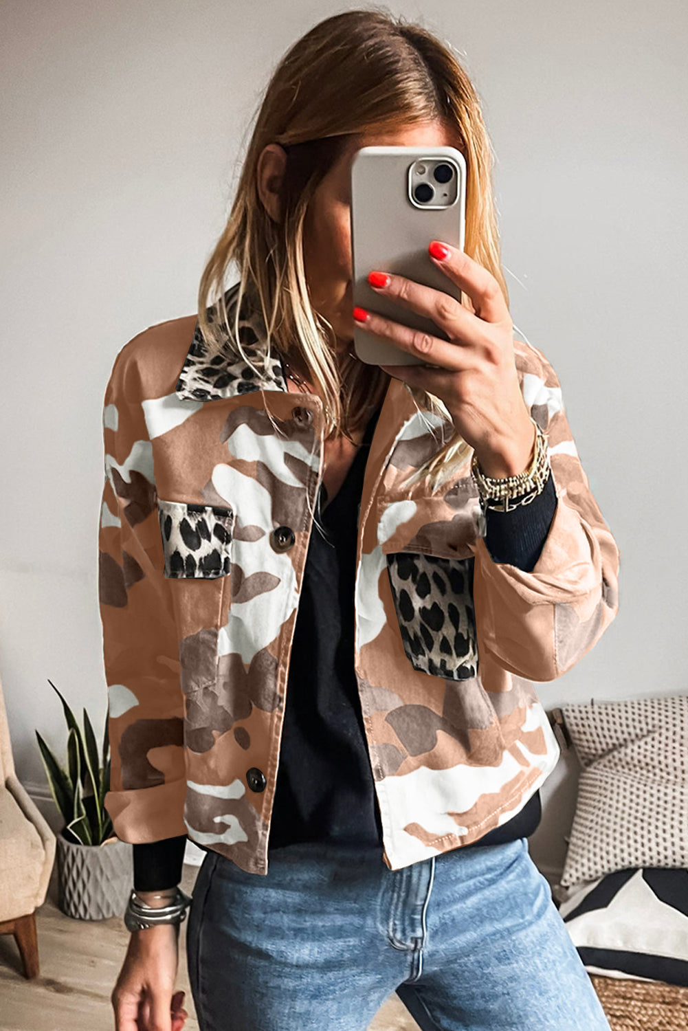 Orange Camo Leopard Patchwork Flap Pocket Crop Jacket