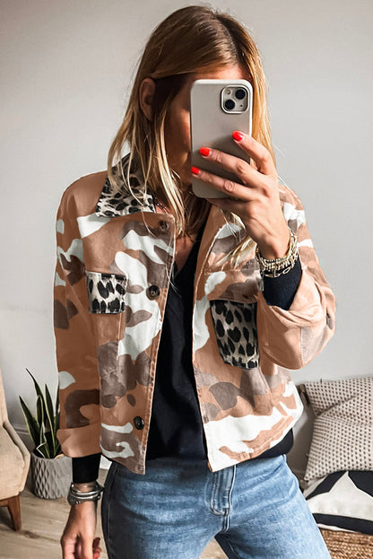 Orange Camo Leopard Patchwork Flap Pocket Crop Jacket