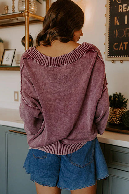 Burgundy Mineral Wash V Neck Knit Exposed Seam Drop Shoulder Loose Sweater