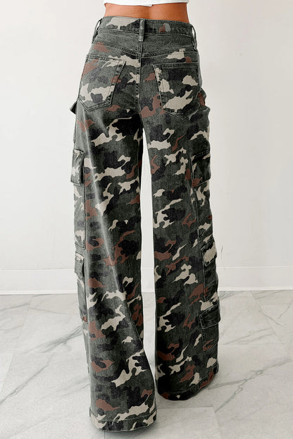 Green Camo Denim Cargo Wide Leg Pants