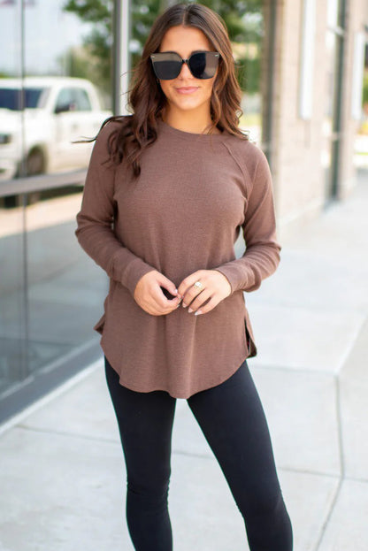 Old Rose Solid Color Thermal Knit Exposed Seam Raglan Sleeve Top