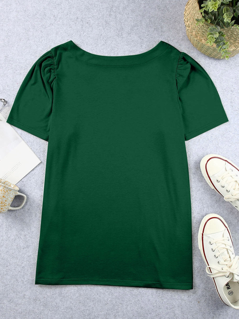 Ruched Shoulder Green Square Neck Plus Size Top