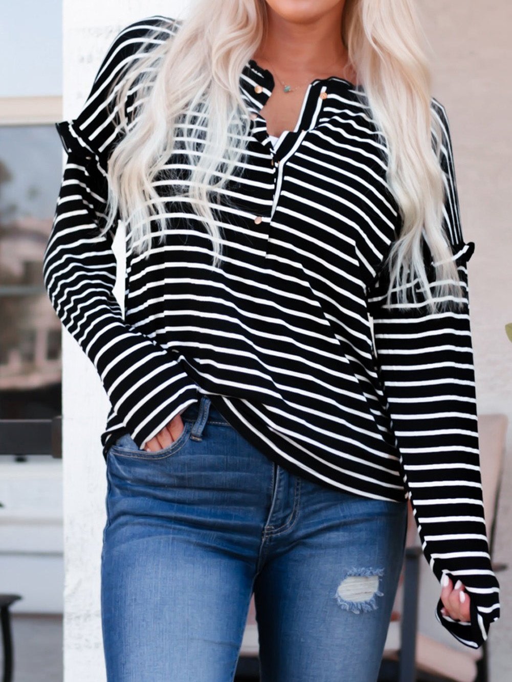 Elegant Black Striped Ruffled Button-Up Blouse