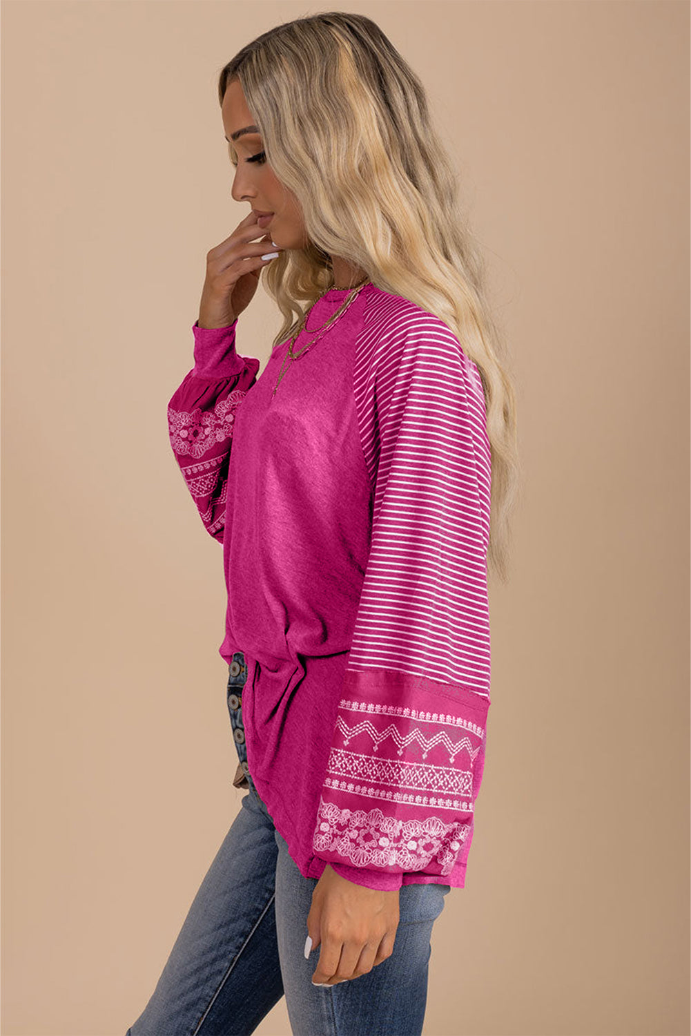 Rose Red Contrast Print Striped Raglan Long Sleeve Loose Top