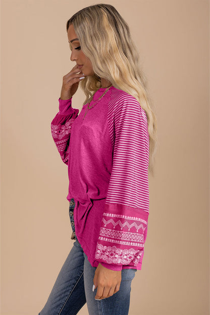 Rose Red Contrast Print Striped Raglan Long Sleeve Loose Top