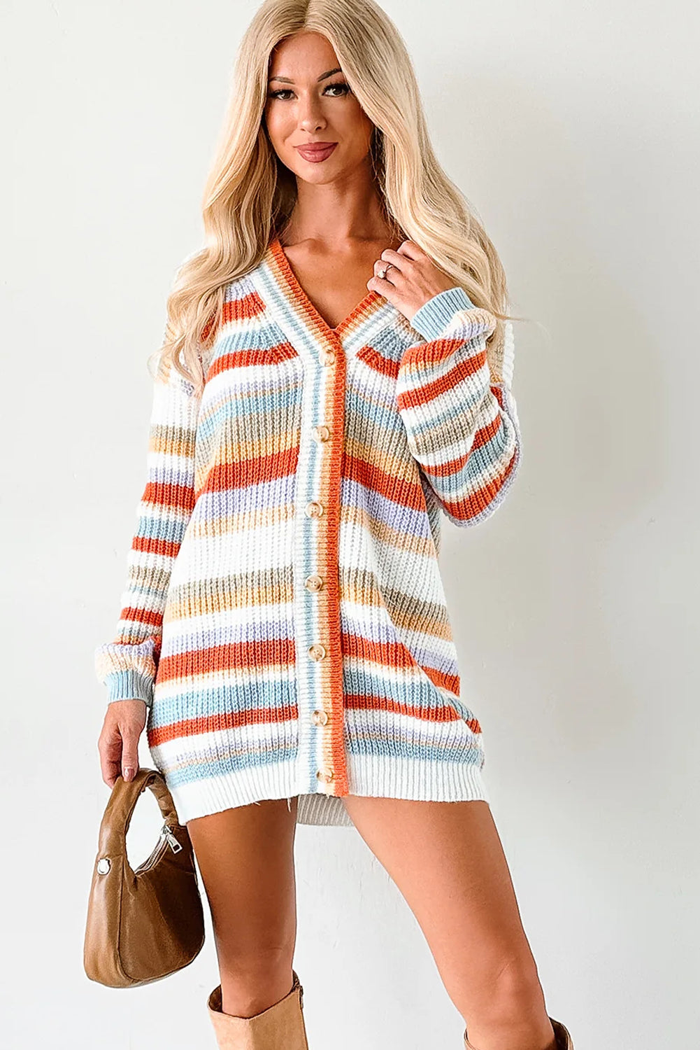 Orange Striped Knit Button V Neck Tunic Sweater Cardigan