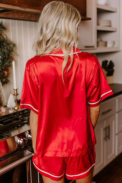 Fiery Red Contrast Trim Ribbon Bow Short Silky 2pcs Pajama Set