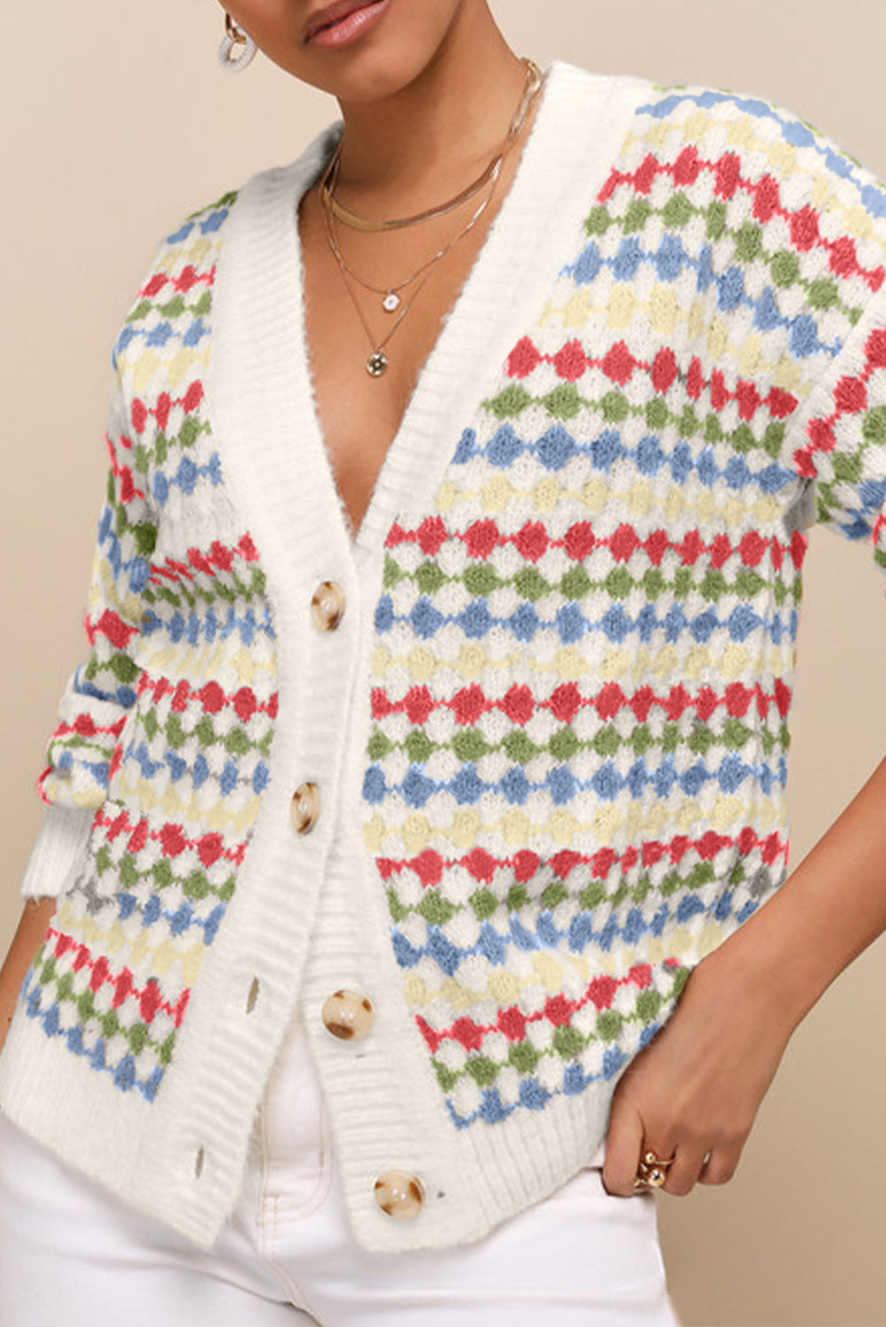 White Dotty Pattern Knit Button Front V Neck Sweater Cardigan