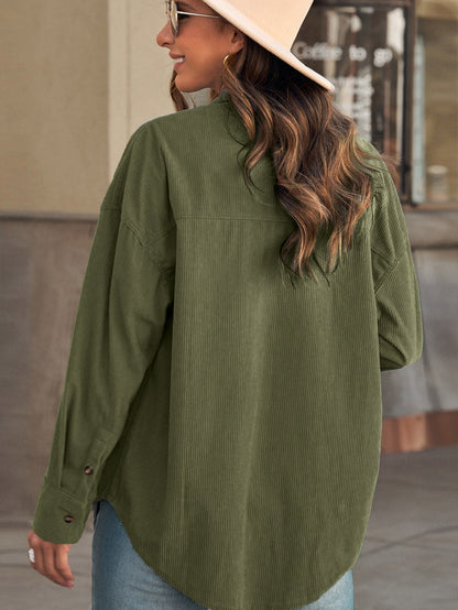 Green Corduroy Button-Up Pocket Blouse
