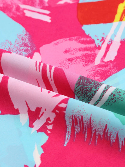 Vibrant Pink Graffiti Print Plus Size Blouse with Puff Sleeves