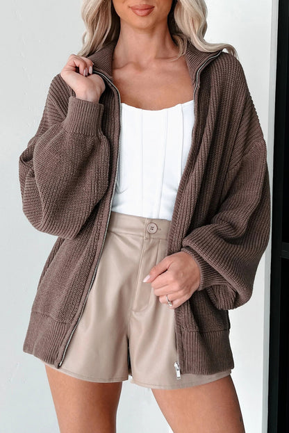 Chicory Coffee Drop Shoulder Collared Zip Up Sweater Cardigan