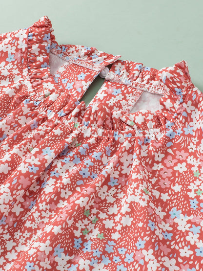 Pink Plus Size Floral Print Ruffled Sleeve Frilled Neck Blouse