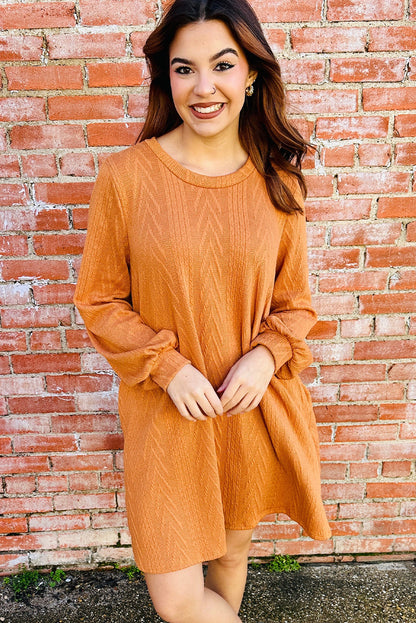 Vitality Orange Chic Textured Round Neck Long Sleeve Mini Dress