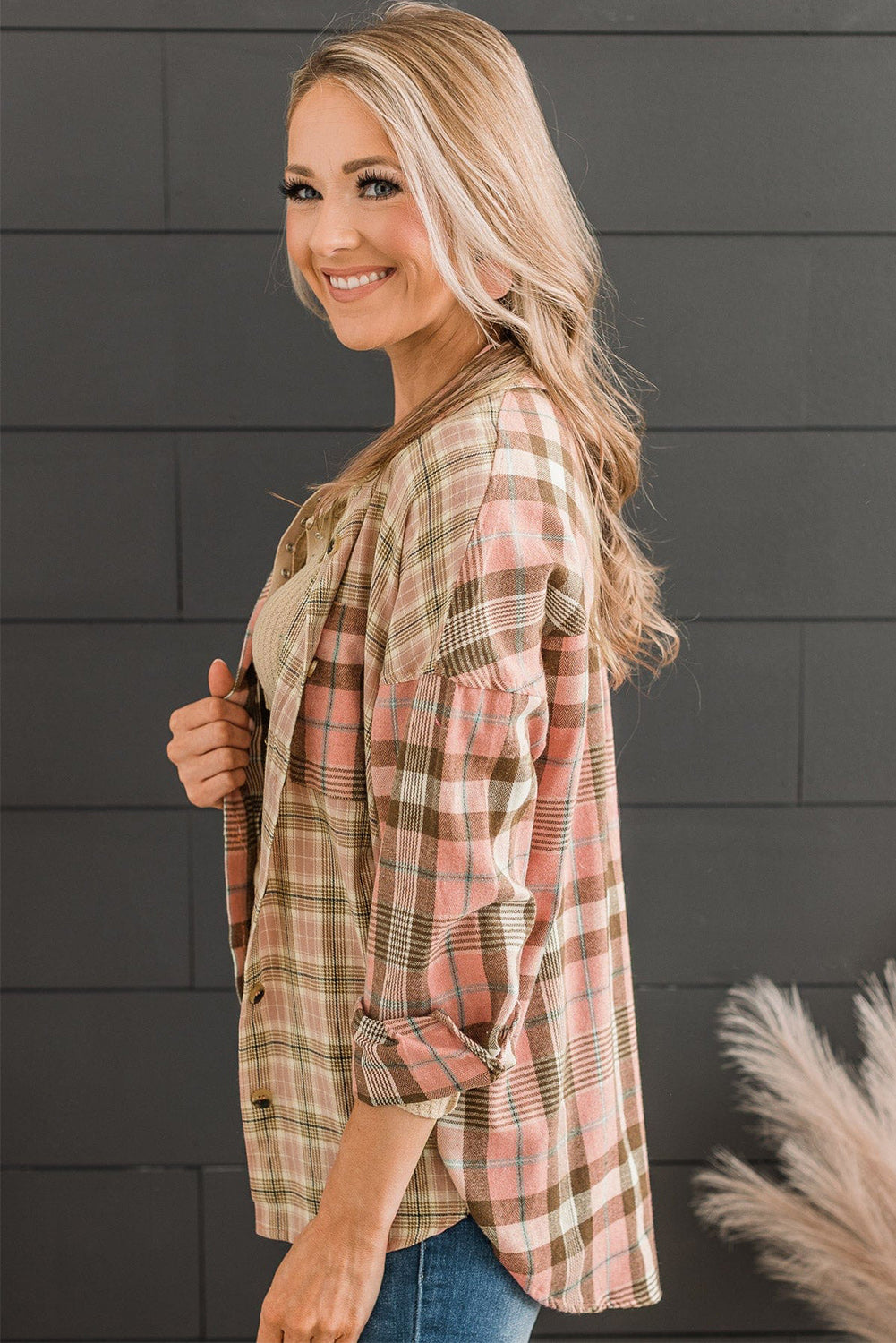 Pink Plaid Pocketed Plus Size Shirt With Long Sleeves