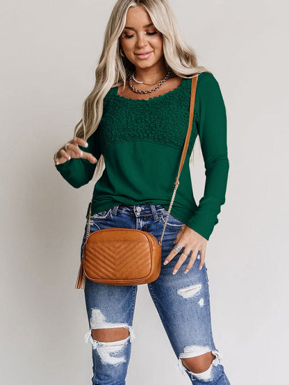 Green Floral Lace V Neck Long Sleeve Top