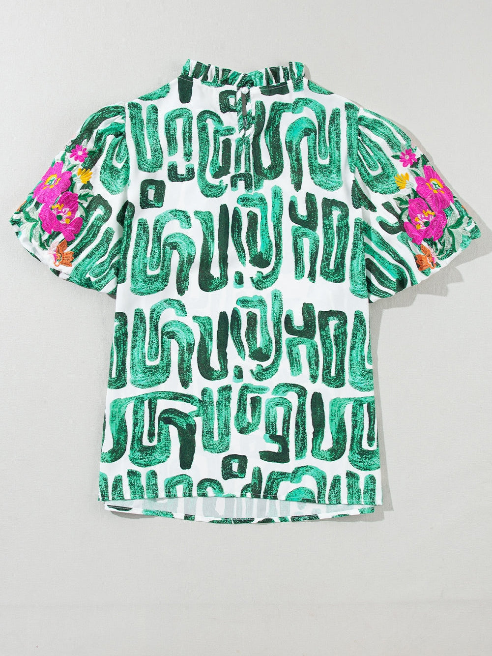 Green Floral Embroidered Puff Sleeve Frilled Neck Shift Top