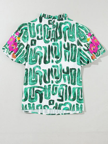 Green Floral Embroidered Puff Sleeve Frilled Neck Shift Top
