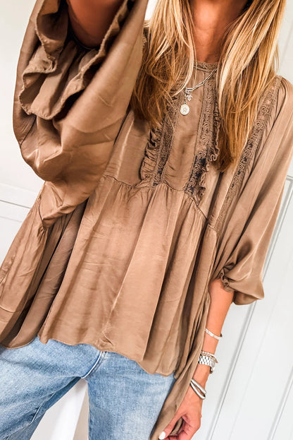 Dark Khaki Silky Round Neck Lace Frilled Detail Long Sleeve Blouse