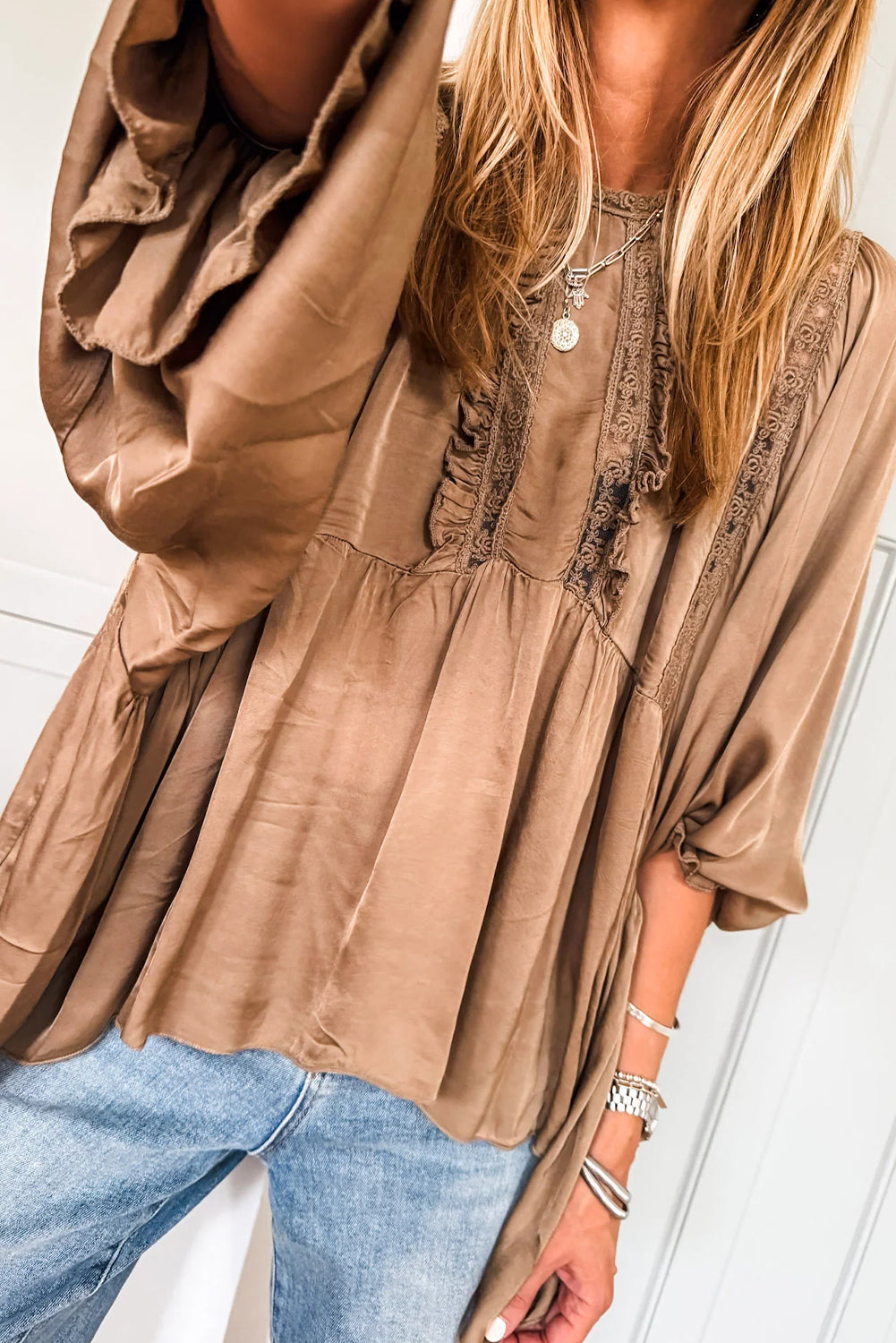 Dark Khaki Silky Round Neck Lace Frilled Detail Long Sleeve Blouse