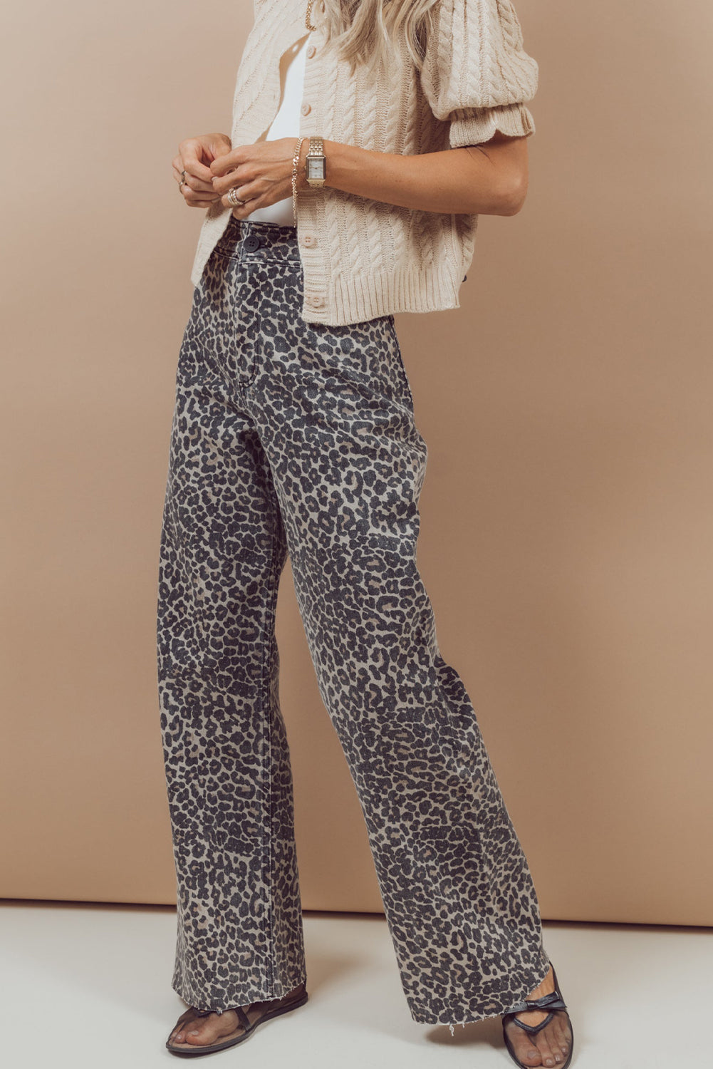 Black Leopard Print Wide Leg High Waist Jeans