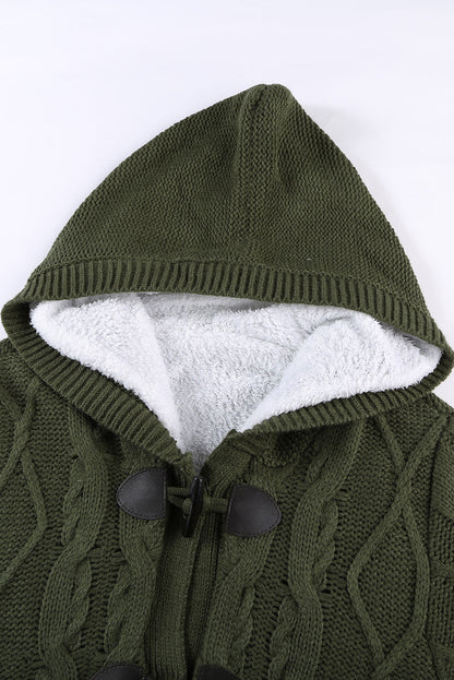 Army Green Fur Hood Horn Button Sweater Cardigan