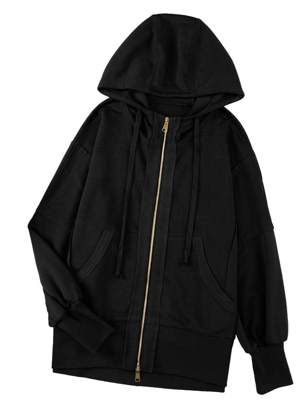 Black Exposed Seam Zip-Up Hooded Jacket