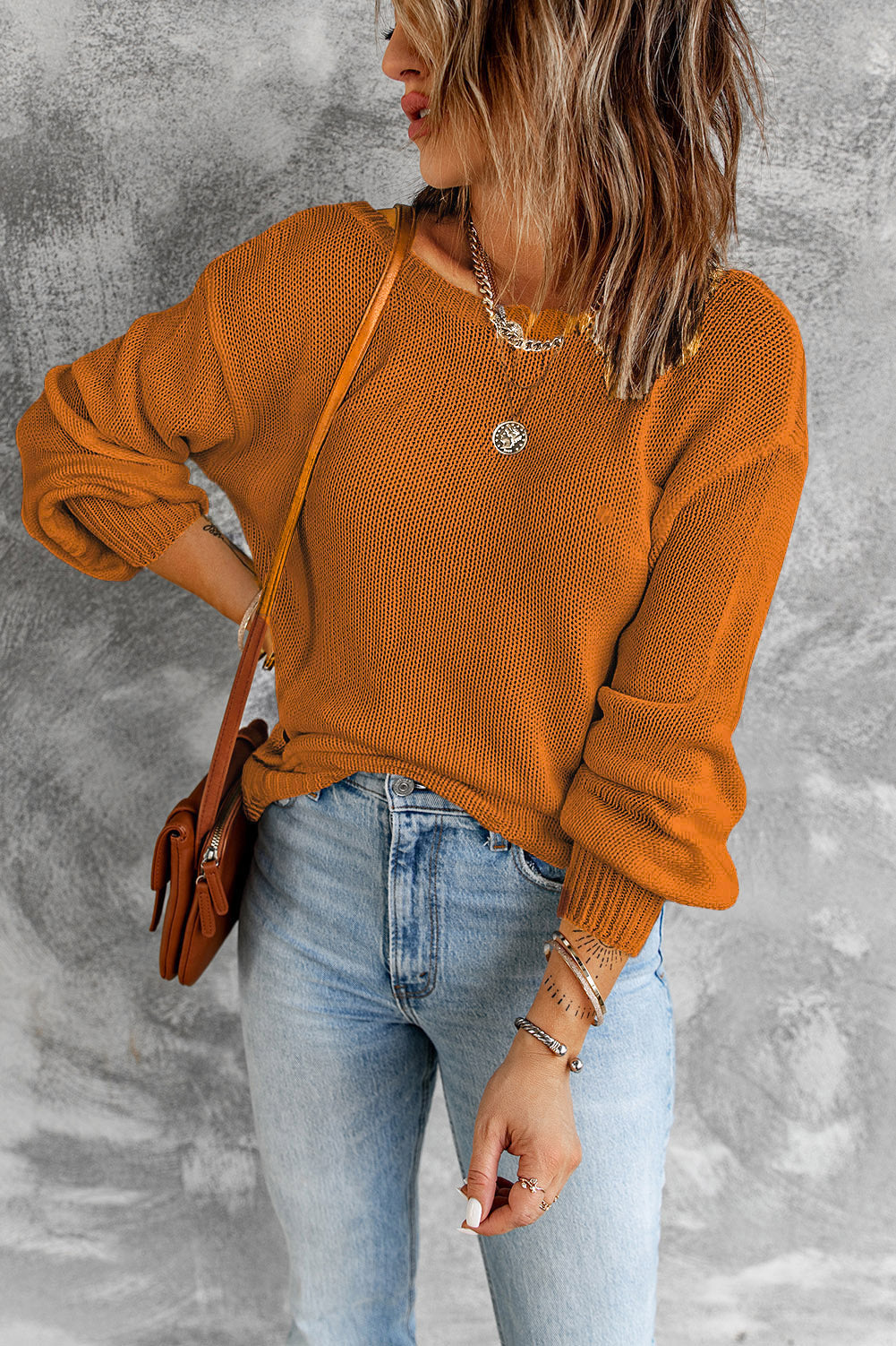 Orange Drop Shoulder Back Cut-out Sweater with Tie