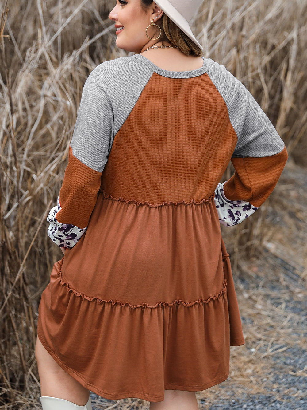 Gold Flame Plus Size Waffle Leopard Long Sleeve Ruffle Mini Dress