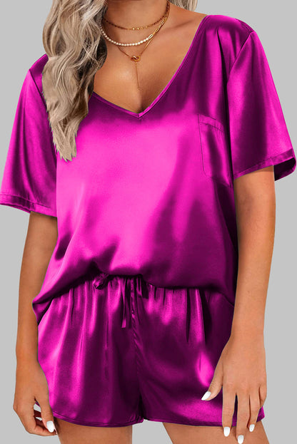 Elegant Bright Pink Satin Lounge Set with V-Neck Tee and Drawstring Shorts