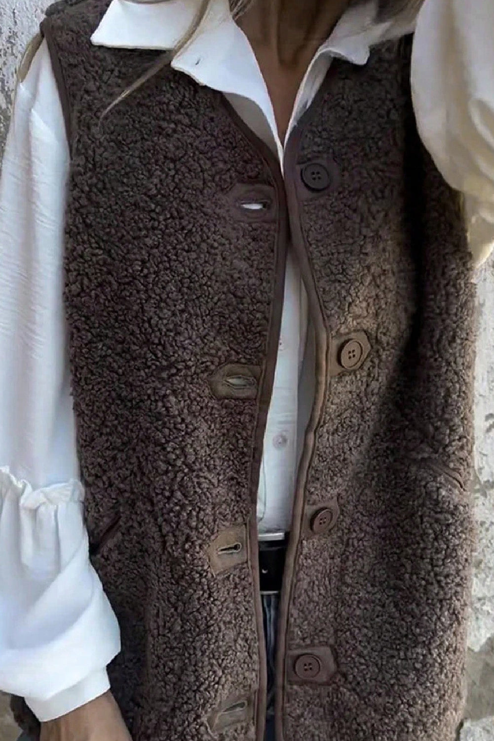 Dark Brown V Neck Button Front Plush Teddy Vest