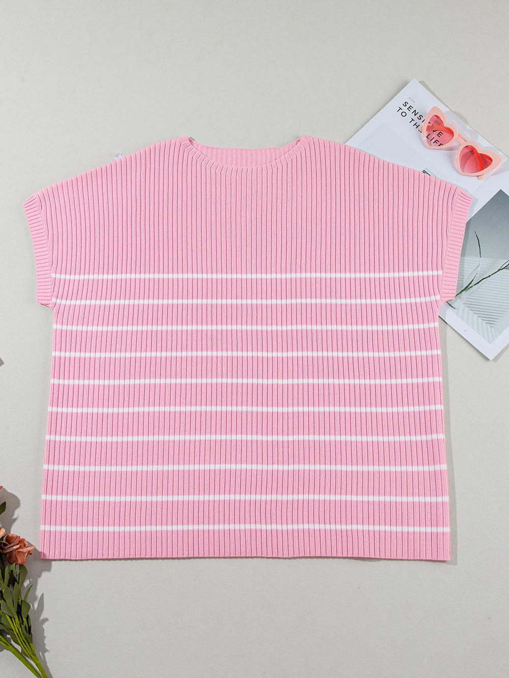 Pink Striped Ribbed Oversized T-Shirt for Plus Size Women