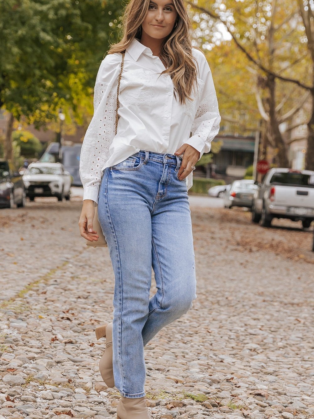 Elegant White Lace Embroidered Button-Up Shirt with Chest Pockets