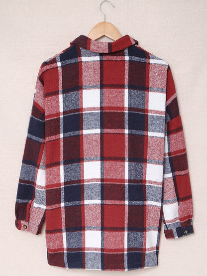 Fiery Orange Plaid Print Button-Up Shirt Jacket