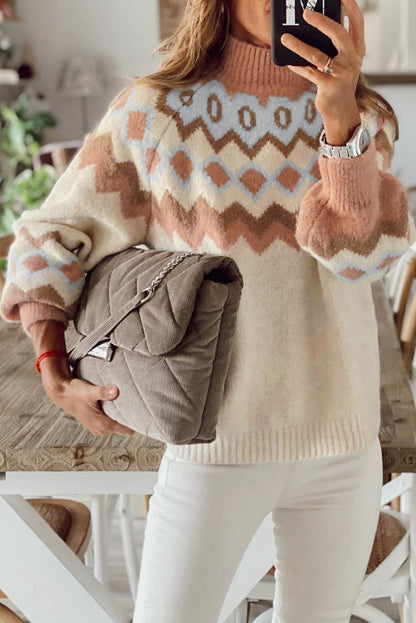 Khaki Ribbed Trim Geometric Pattern High Neck Sweater