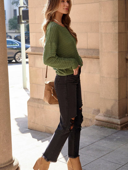 Green Textured Knit Dolman Sleeve Sweater for Stylish Winter Looks