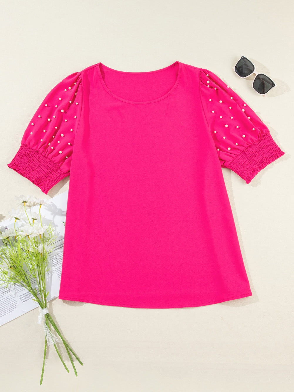 Rose Red Jeweled Puff Sleeve Plus Size Blouse