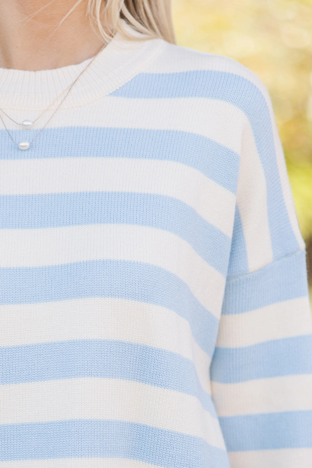Sky Blue Stripe Ribbed Buttoned Detail Drop Shoulder Tunic Sweater