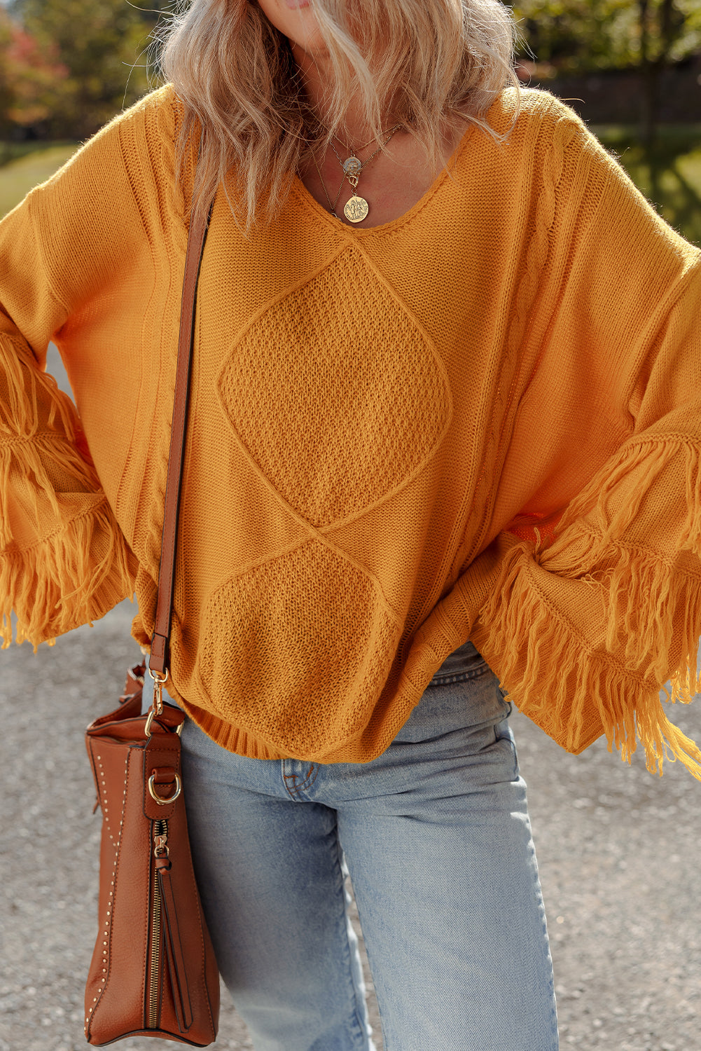 Jurassic Gold Pattern Knit Detail Fringe Trim Bell Sleeve Drop Shoulder Sweater