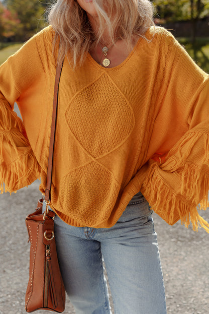 Jurassic Gold Pattern Knit Detail Fringe Trim Bell Sleeve Drop Shoulder Sweater